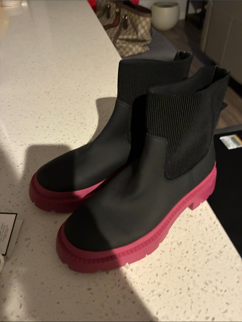 All Saints Black Chelsea Boots with Pink Lug Sole